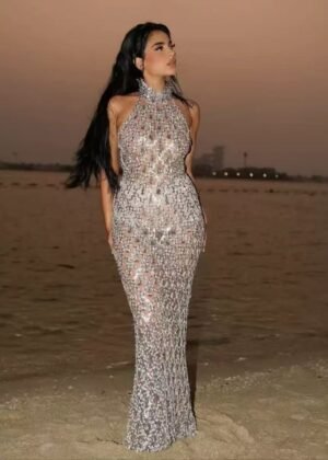 Sleeveless turtleneck evening dress