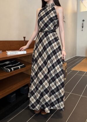 D-New checkered halter dress-2463