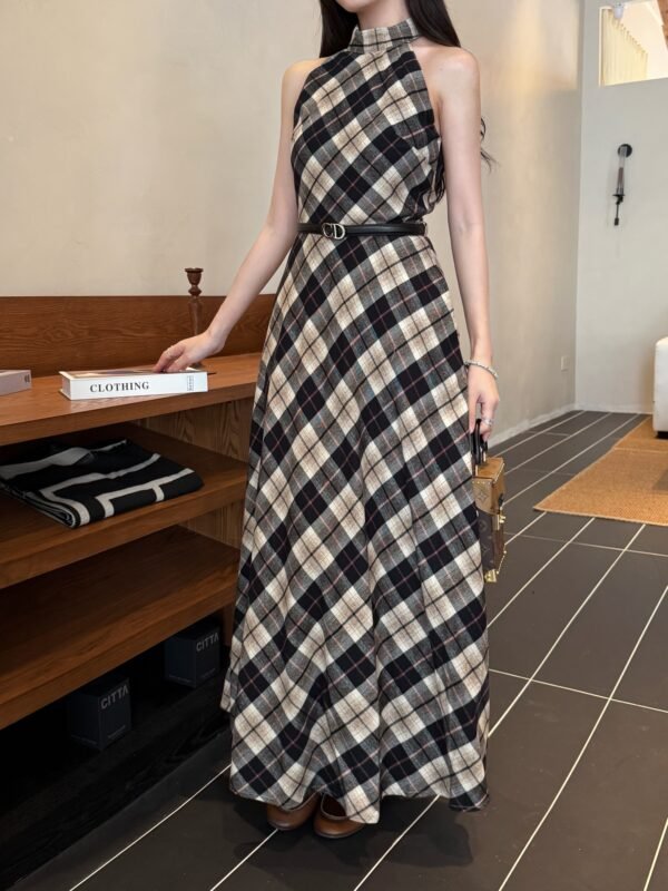 D-New checkered halter dress-2463