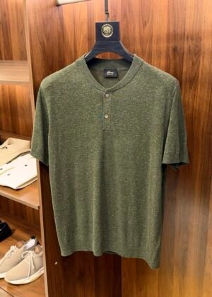 B-Men's Henley Collar Linen Knit T-Shirt-2529
