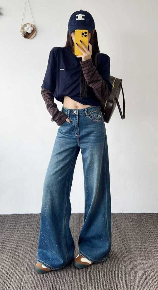 C-New Arrival Rhinestone Camellia Denim Pants-2698